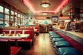 An image of a diner with red and blue booths and tables, A nostalgic scene of a 50ÃÂ¢Ã¢âÂ¬Ã¢âÂ¢s American diner, AI Generated